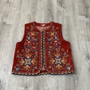 John Mark Red Velvet Embroidered Floral Boho Vest Women's Size L Layering Art
